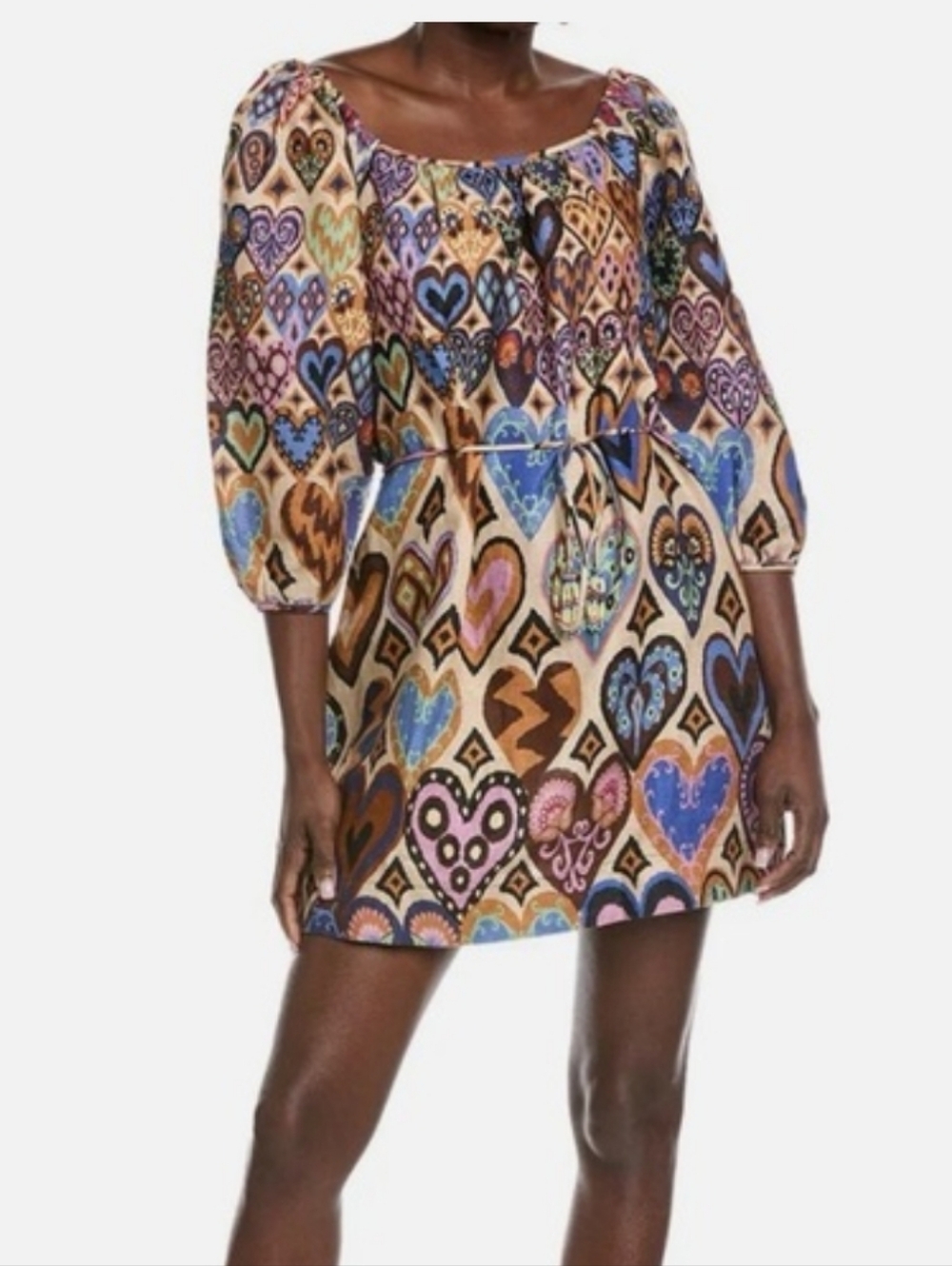 FARM Rio Ikat Multicolor Heart-Print Peasant Mini Dress - Blue, Pink, Brown